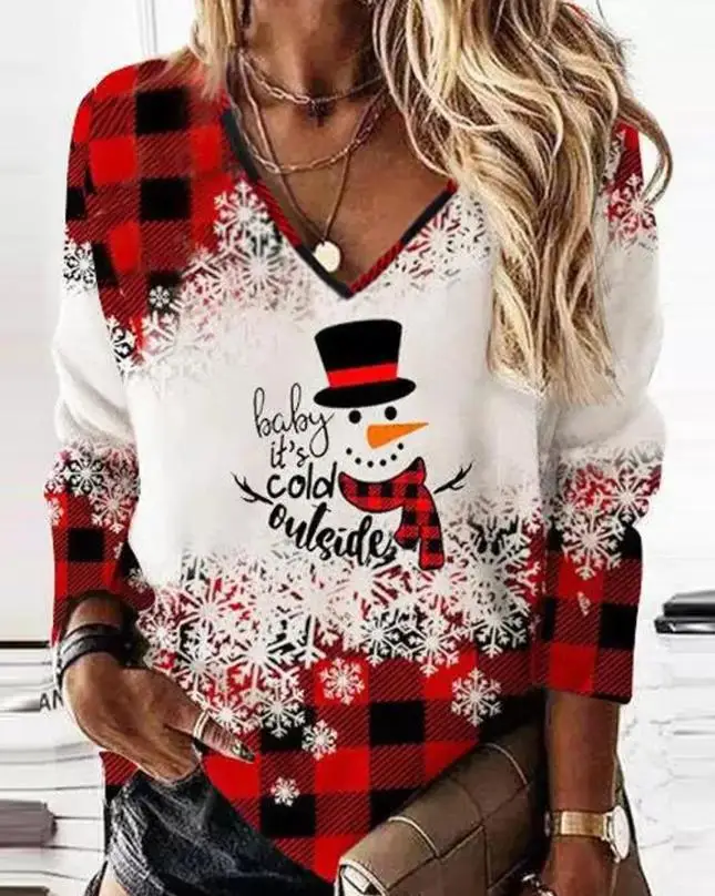 

Повседневный Рождественский топ с V-образным вырезом и принтом снеговика, снежинки, клетчатый Топ с длинным рукавом, осенняя одежда 2023, модный универсальный пуловер, футболка