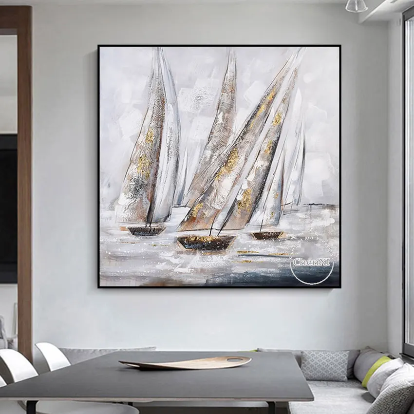

100% Hand Painted Nodic Abstract Sailing Boat Picture Oil Painting Wall Hanging Canvas Art Frameless Decoration Poster Artwork