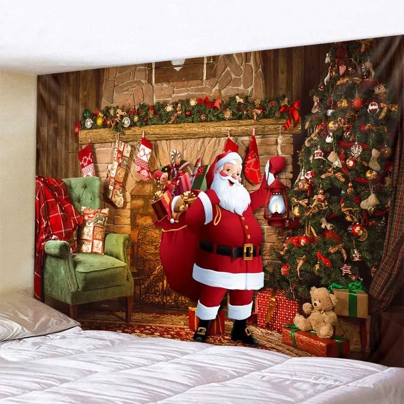 

Рождественский гобелен, настенный, с Санта-Клаусом, Рождественская елка, Снежная сцена, украшение для дома, праздничное украшение, гобелен, камин, рождественские подарки