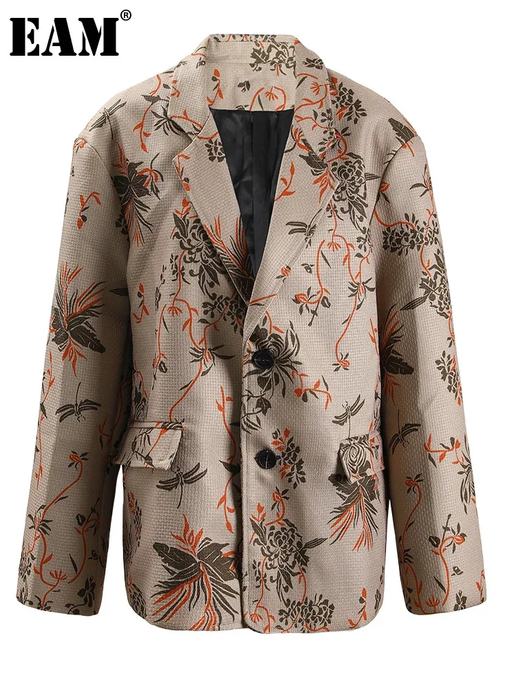 

[EAM] Women Khaki Pattern Printed Big Size Casual Blazer New Lapel Long Sleeve Jacket Fashion Tide Spring Autumn 2024 CPG1248