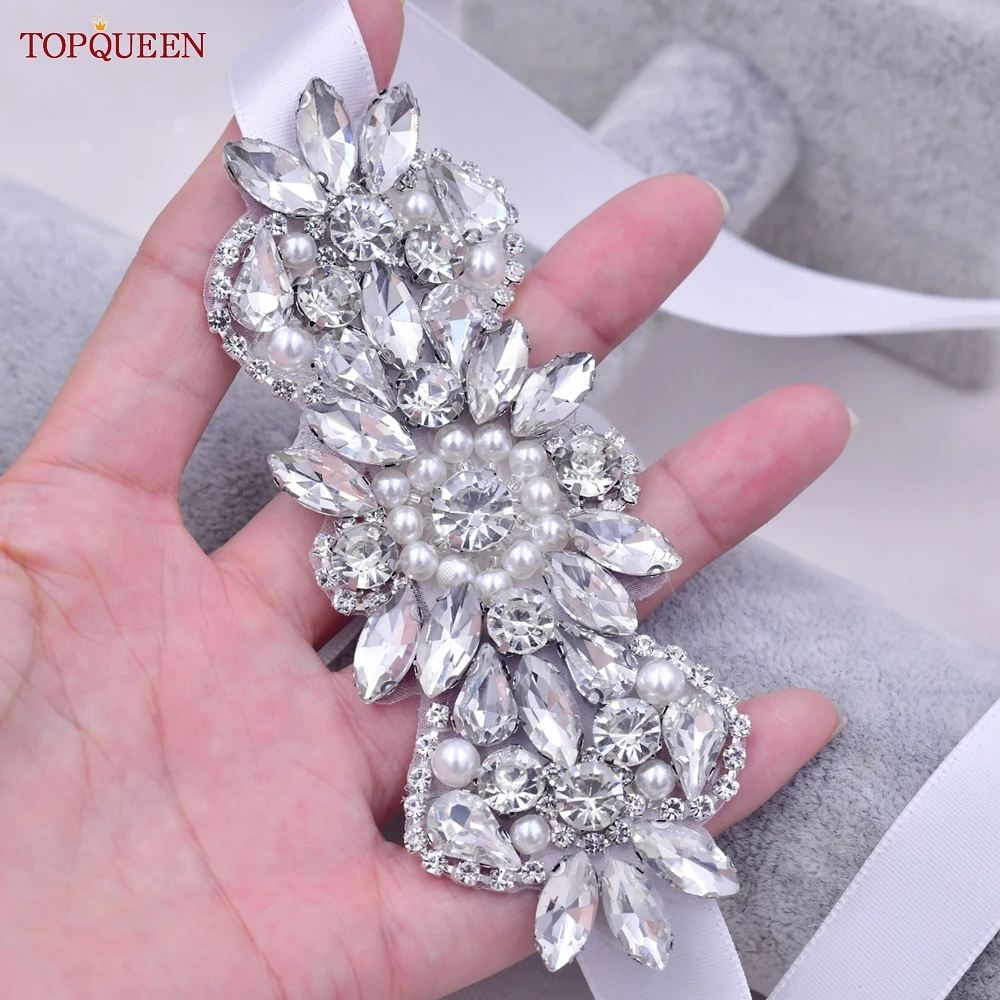 

TOPQUEEN S86 Bridal Belts Sparkly Party Wedding Dresses Pearl Silver Rhinestones Jewel Shine Applique Skirt Sash for Women Lady