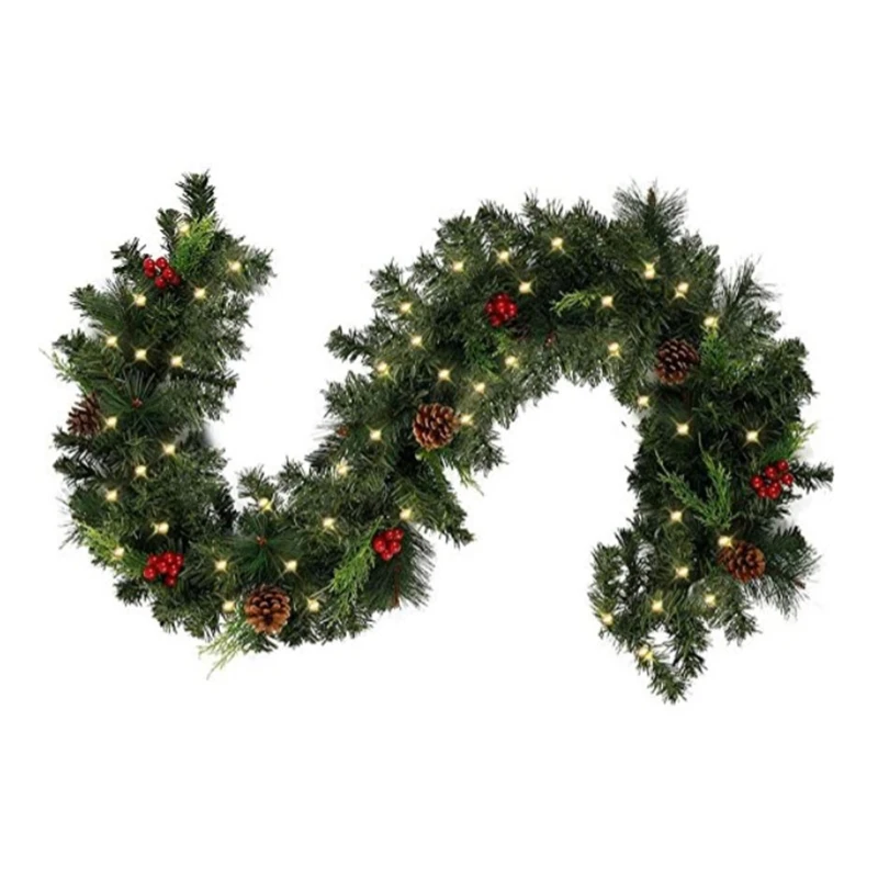 

2024 New 1.8/2.7m Illuminated Christmas LED Light Rattan Berries Pine Cones Garlands Decoration for Doors Tree Fireplace