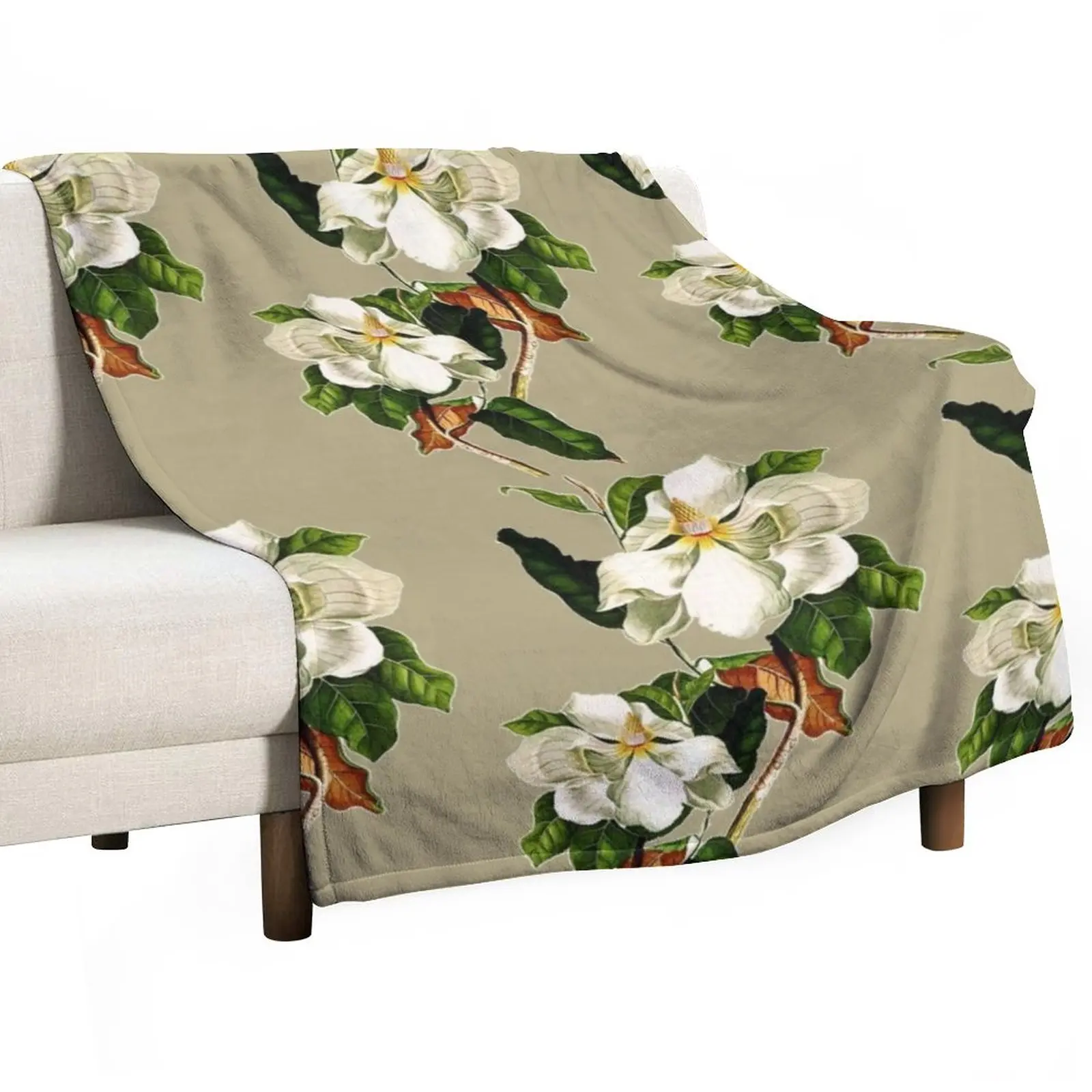 

Vintage White Magnolia Pattern on Khaki Background Throw Blanket Sofa Quilt Softest Blanket Blankets For Bed Furry Blanket