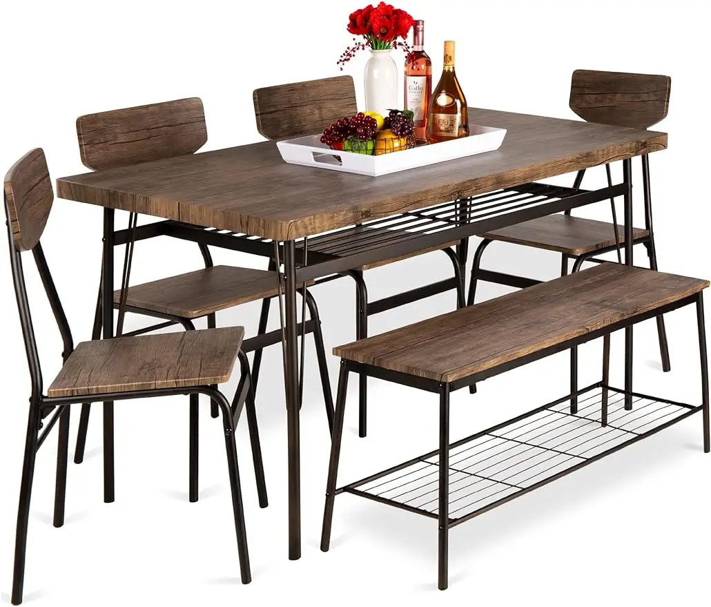 6pcs 55in Modern Dining Set for Kitchen,Dining Room w/Storage Racks, Rectangular Table,Bench,4 Chairs,Steel Frame - Brown/Grey
6pcs 55in Modern Dining Set for Kitchen,Dining Room w/Storage Racks, Rectangular Table,Bench,4 Chairs,Steel Frame - Brown/Grey