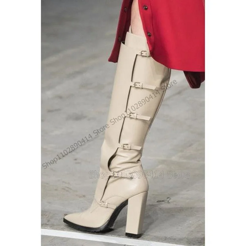 

Beige Belt Fastener Decor Pointed Toe Boots Side Zipper Women Shoes Chunky High Heels Fashion Banquet 2024 Zapatos Para Mujere