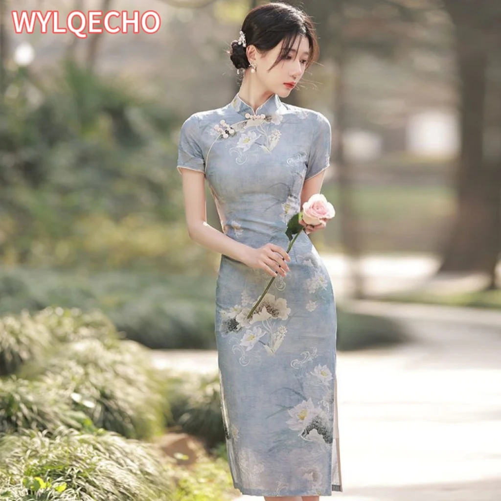 

Simple Elegant Slim Qipao Women Vintage Floral Style Cheongsam Traditional Short Sleeve Young Girl Chinese Dress Modern New
