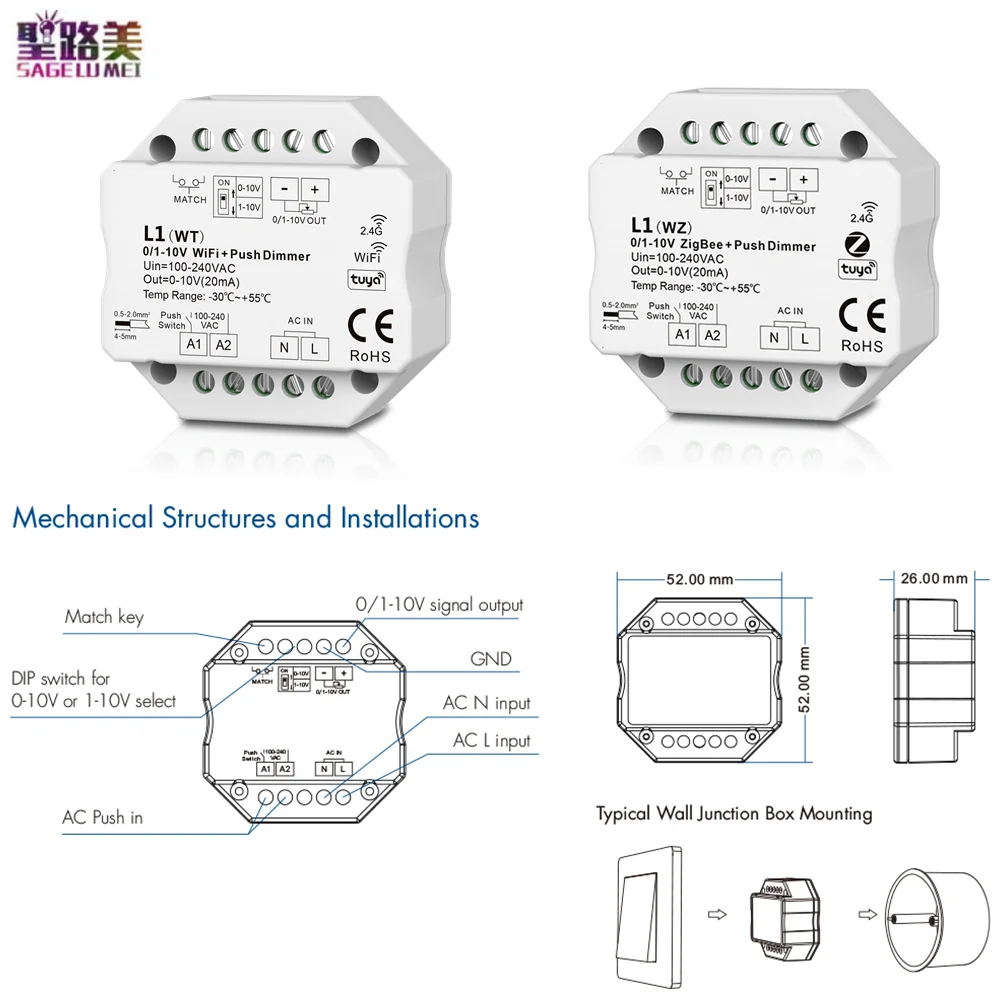 

L1(WT)WiFi / L1(WZ)ZigBee Tuya 2.4G RF Wireless Led Dimmer DIP Switch Push Dim 1CH Input AC100-240V Output 0/1-10V Dimming