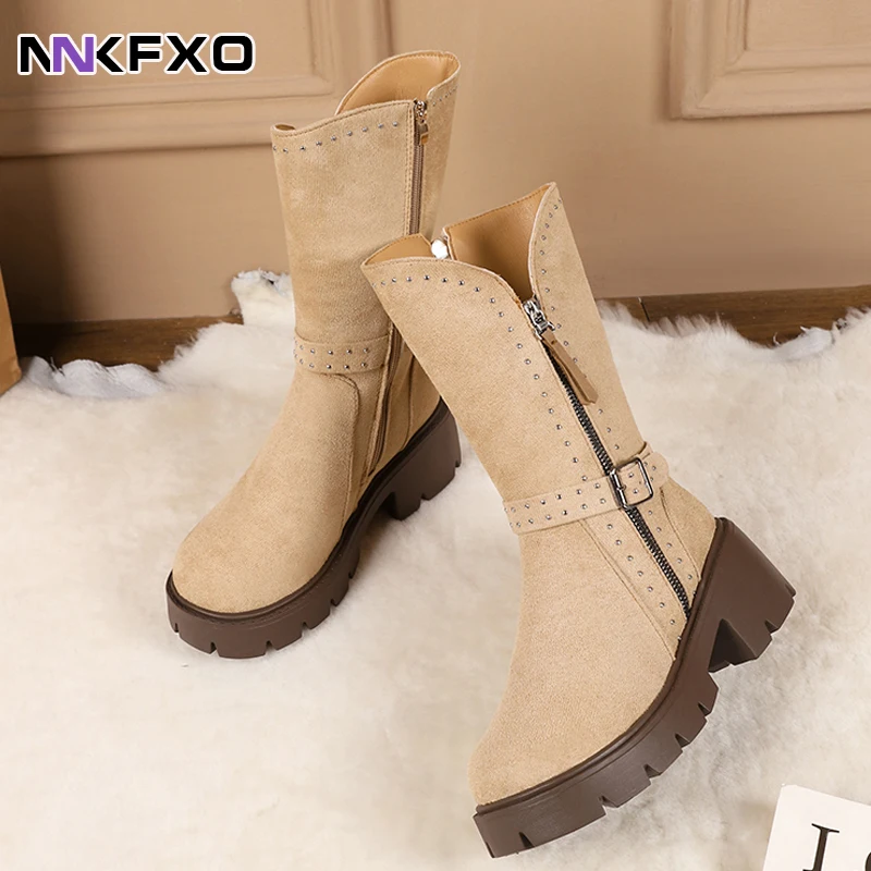 

Women's Fashion Faux Suede Mid-Calf Boots Round Toe Side Zipper Boots Rivet and Buckle Accessory Boots Khaki Black Boots QB177