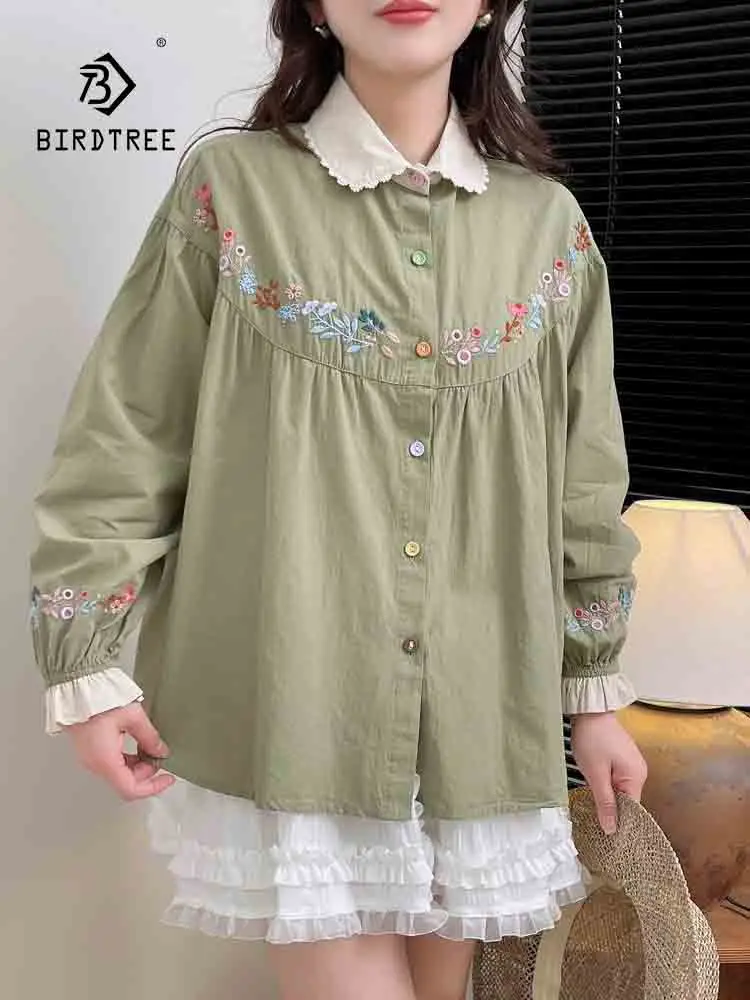 

New Spring Cotton Embroidery Shirt Women Peter Pan Collar Tops Girl Long Sleeve Literature Sweet Blouse 2024 Autumn T43583QC