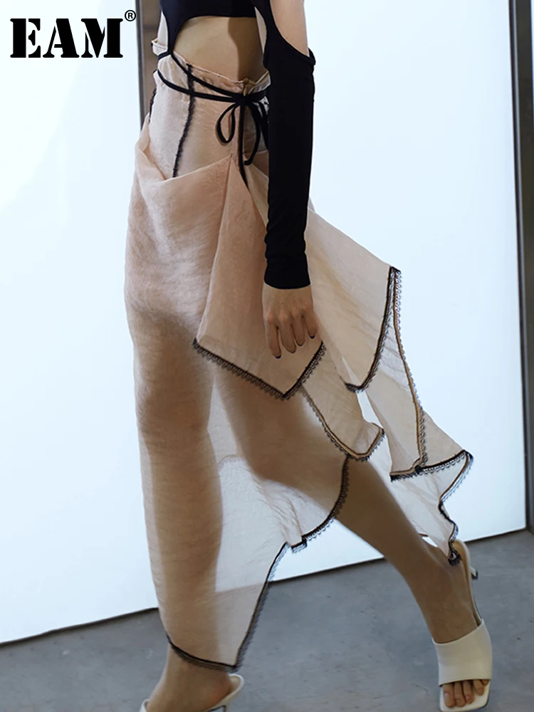 

[EAM] High Waist Apricot Irregular Fold Perspective Long Half-body Skirt Women Fashion Tide New Spring Summer 2024 1DD8641
