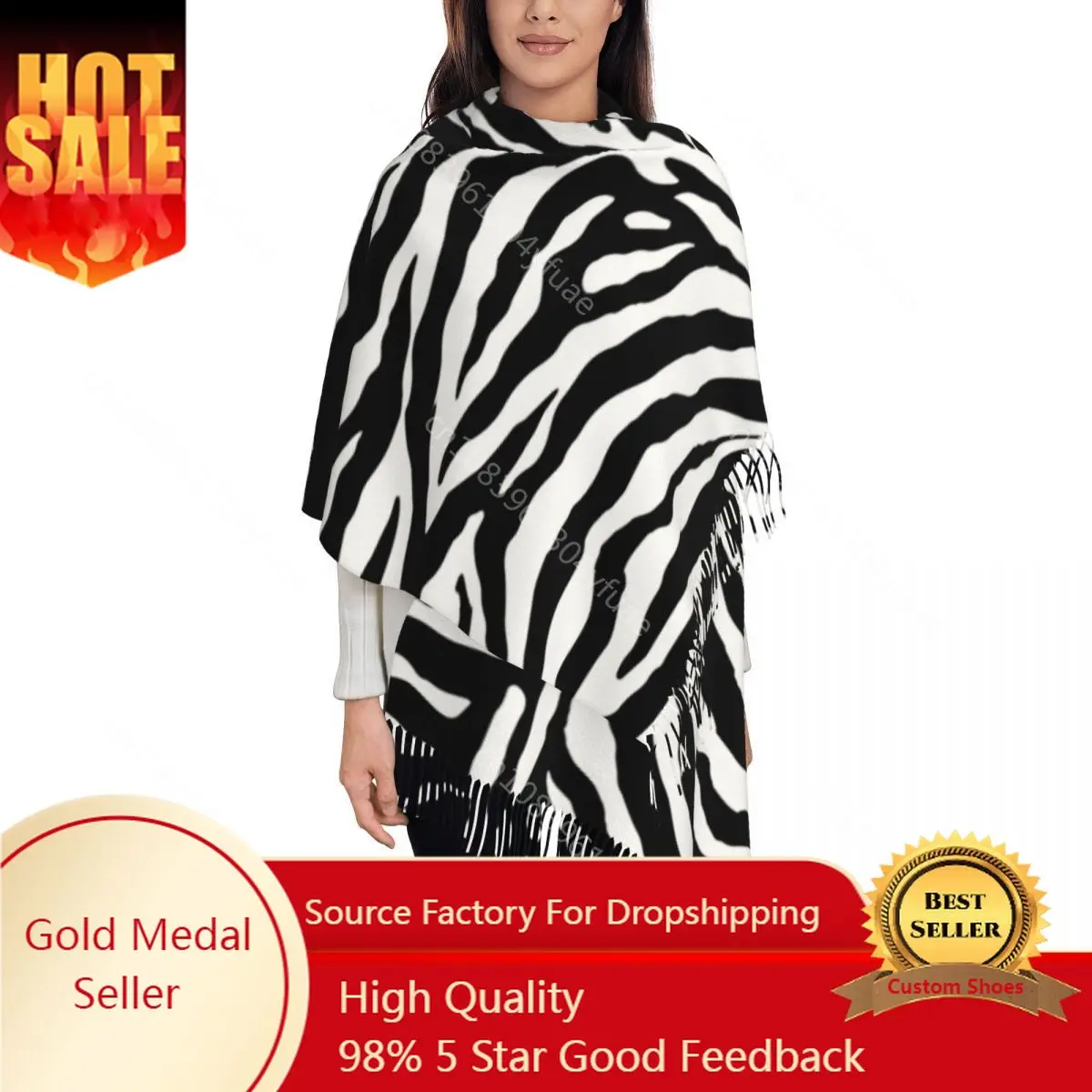 

Шаль с принтом зебры женская, теплый большой длинный шарф с геометрическими полосками, с кисточками, с принтом в виде морских шалей, черная белая