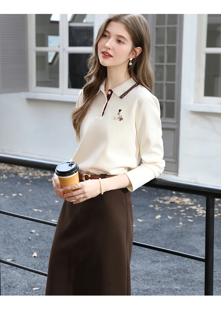 I BELIEVE YOU Polo Neck Long Sleeved T-shirt for Women Autumn 2025 Apricot Casual Tees Contrast Color Embroidery Top 2253016181 102 S0b841f98efa04a3ea56d83d5b4cc13dep