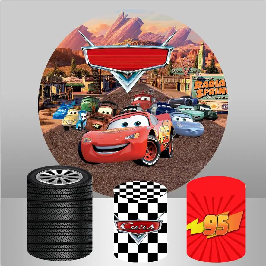 

Custom Red Mcqueen Car Movie Circle Round Backdrops for Boys Birthday Party Background Cartoon Racing Flags Tyre Plinth Covers