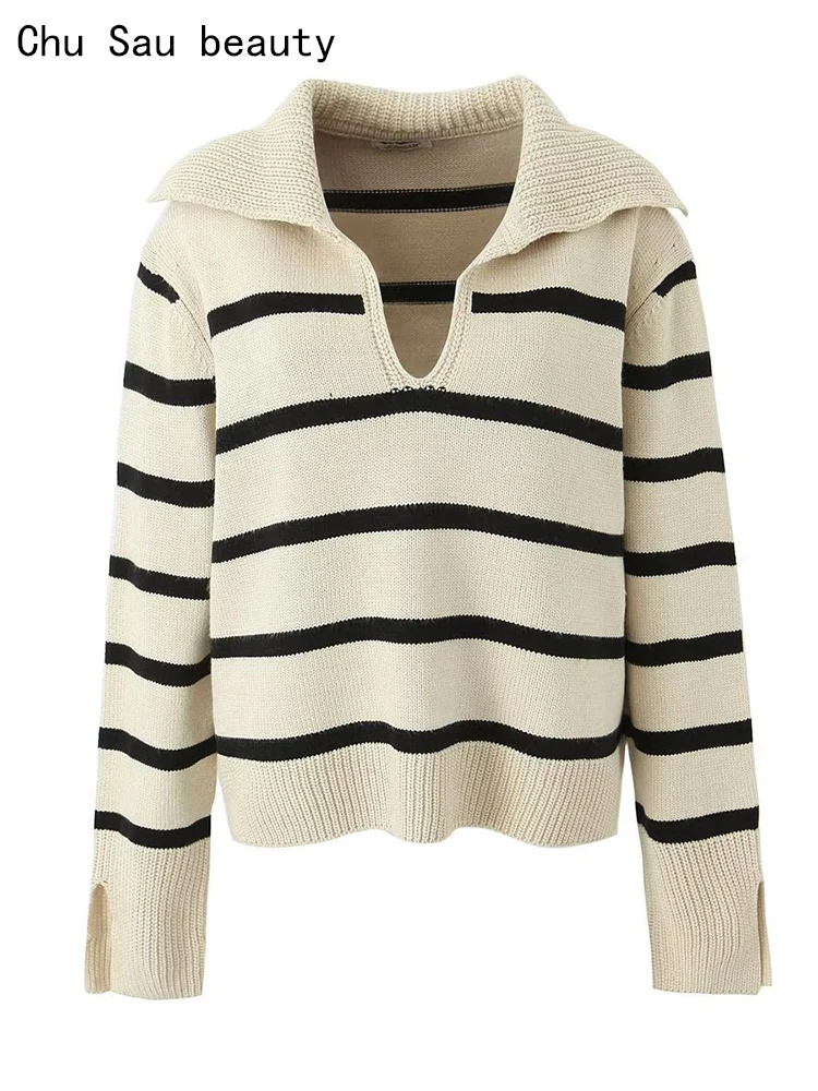 Chu Sau beauty 2023 Women Autumn Fashion Sweet Large Lapel Collar Knitted Pullover Chic Striped Jacquard Jumpers Loose Sweaters
Chu Sau beauty 2023 Women Autumn Fashion Sweet Large Lapel Collar Knitted Pullover Chic Striped Jacquard Jumpers Loose Sweaters