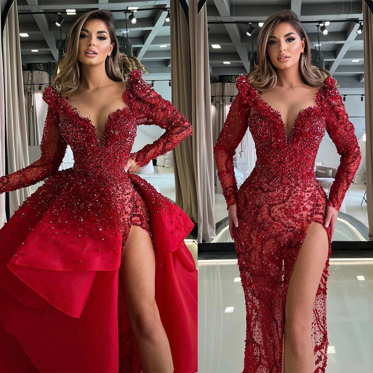 Fashion Evening Dresses For Women O-Neck Gowns Slim Fit Long Sleeves Beads Skirt Party Detachable Train Split Side Dress
Fashion Evening Dresses For Women O-Neck Gowns Slim Fit Long Sleeves Beads Skirt Party Detachable Train Split Side Dress