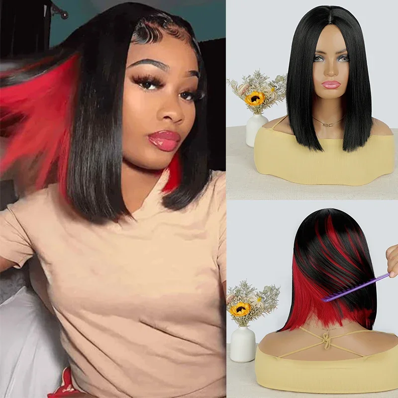 

Short Black Bob Wig 12 Inch Straight Highlight Red Wigs for Women Synthetic Straight Middle Part Wig Lolita Cosplay Daily Use