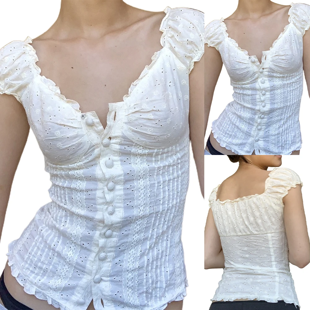 Summer Fashion Top Women T-shirt Pleated Shoulder V-Neck Button-Down Lace Bodice Crop Top Fairy White Tees Female Clothing
Summer Fashion Top Women T-shirt Pleated Shoulder V-Neck Button-Down Lace Bodice Crop Top Fairy White Tees Female Clothing
