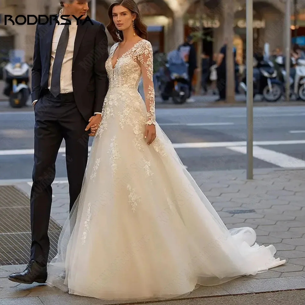 

RODDRSYA V-Neck A-Line Wedding Dress Long Sleeves Applique Illusion Back Civil Bride Gowns Tulle Suknia ślubna z długim rękawem