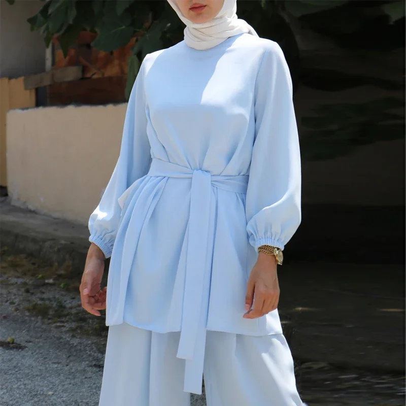 

Мусульманский женский костюм абайя, модный однотонный Повседневный Свободный Топ + брюки, костюм из двух частей, турецкий исламский кафтан, платье, костюм для женщин
