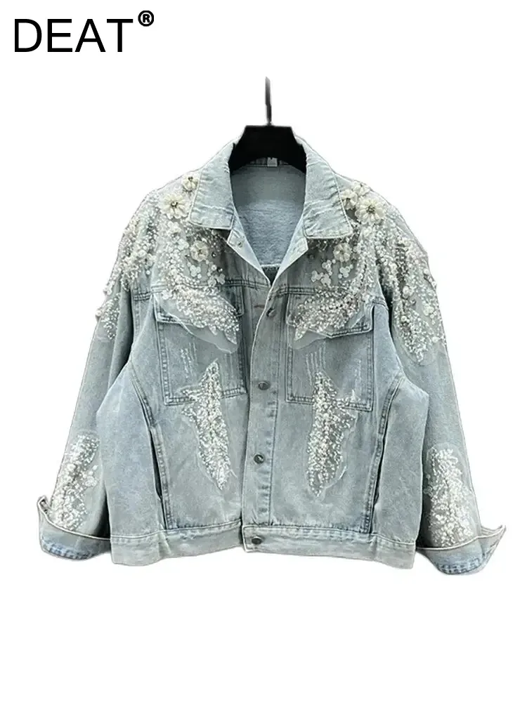 

DEAT Women's Denim Coat Sequins Pearls Crystal Beading Embroidery Single Breasted Blue Jackets 2024 Summer New Fashion 29L6929