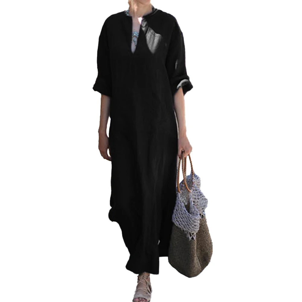 

For Women Dress Baggy Loose Cotton Linen Kaftan Dress Ladies Pocket Non Strech Solid Color V Neck High Quality