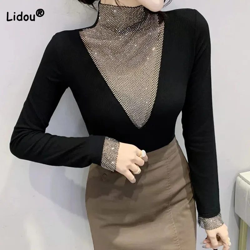 

Sexy Slim Women's Diamonds Hollow Out Tops 2023 Autumn Fashion Korean Solid Color Spliced Turtleneck T-shirt Female Clothing