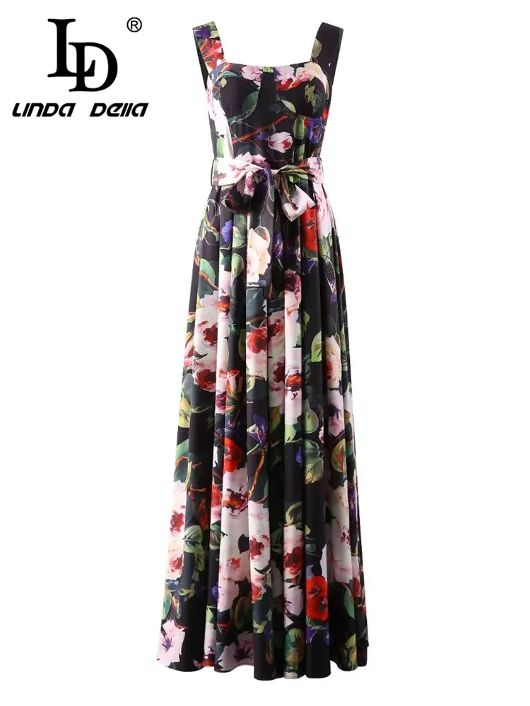 

LD LINDA DELLA Fashion Runway Summer Vacation Maxi Dress Women Spaghetti Strap Lace Vintage Flower Print Black Party Long Dress