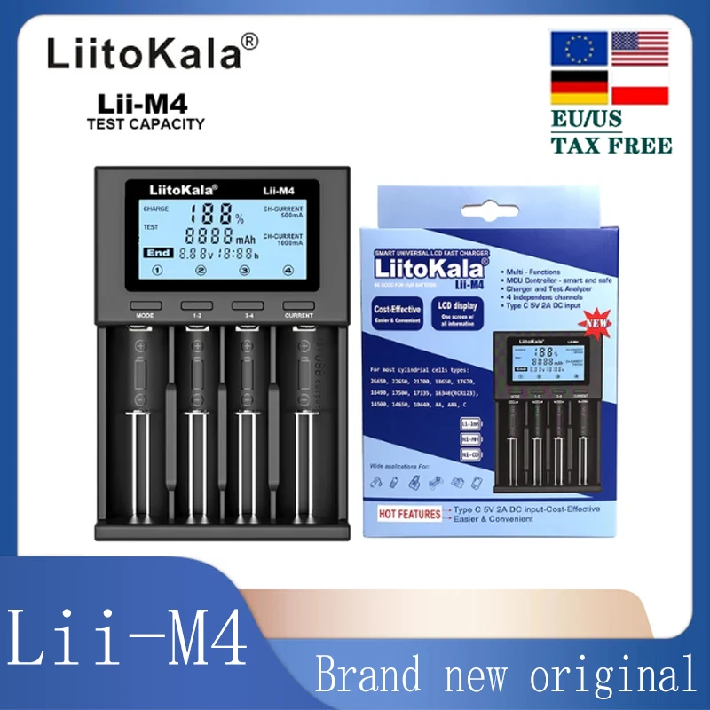 

LiitoKala Lii-M4S Lii-M4 Rechargeable Battery Charger 3.7V 18650 26650 21700 18500 Lithium-ion 1.2V Ni-MH AA Test Capacity