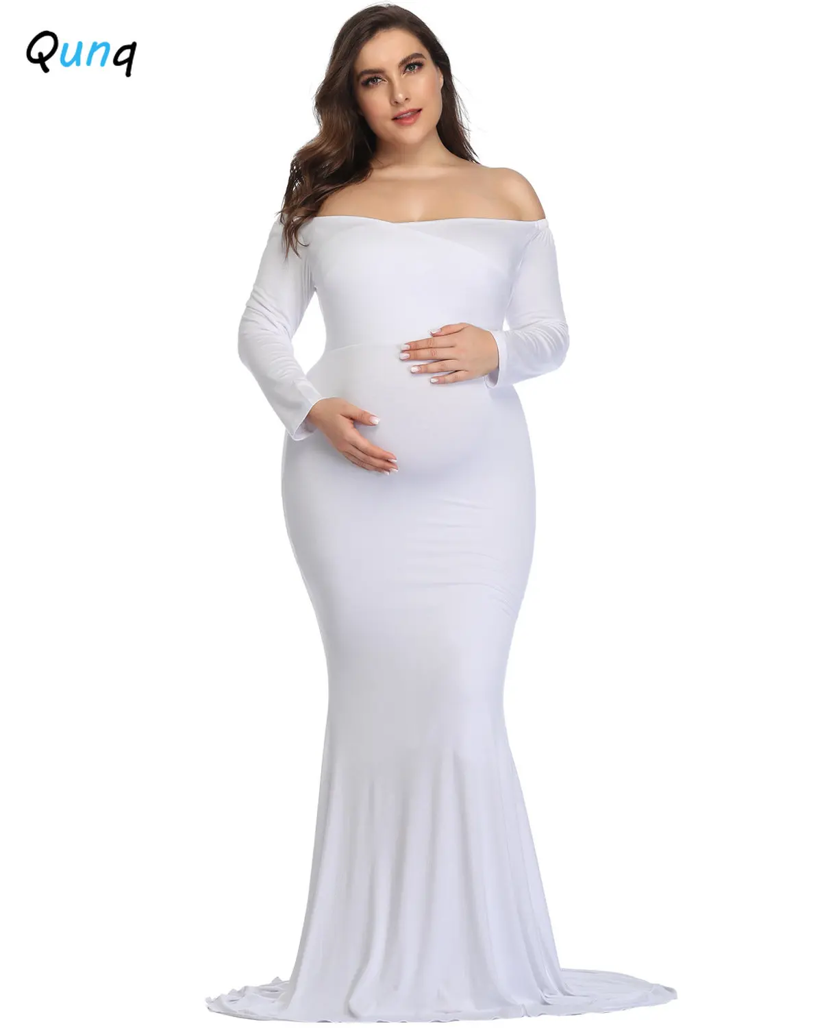 

Qunq New Pregnancy Clothes Women One Line Collar Long Sleeve High Waist Long Dress Temperament Commuting Casual Maternity Gown
