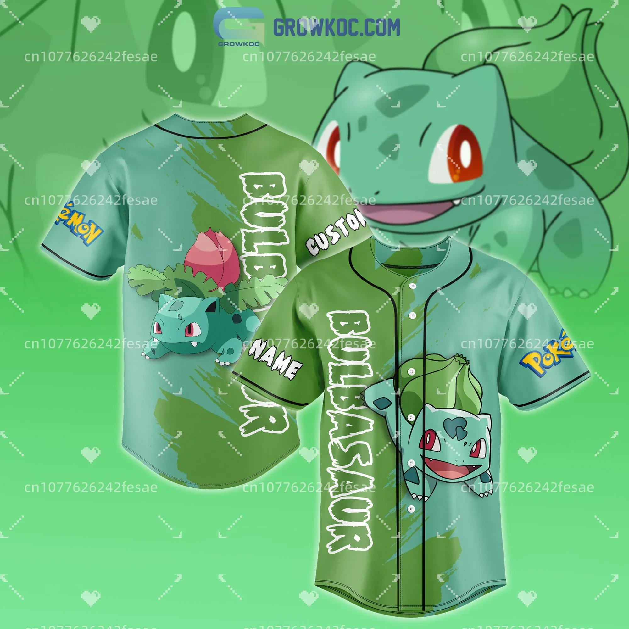 

Pokemon Anime Bulbasaur Baseball Jersey Custom Name Men's and Women's And Kids's Short Sleeve Sportswear Pokemon Baseball Shirt