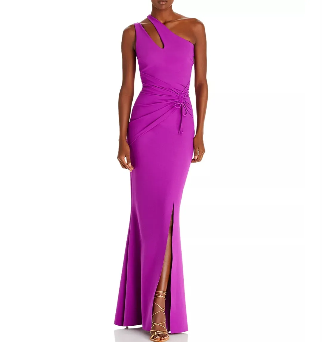 

Женское винтажное длинное вечернее платье-русалка, розовое платье из крепа с разрезом, на одно плечо, со шлейфом, для выпускного вечера