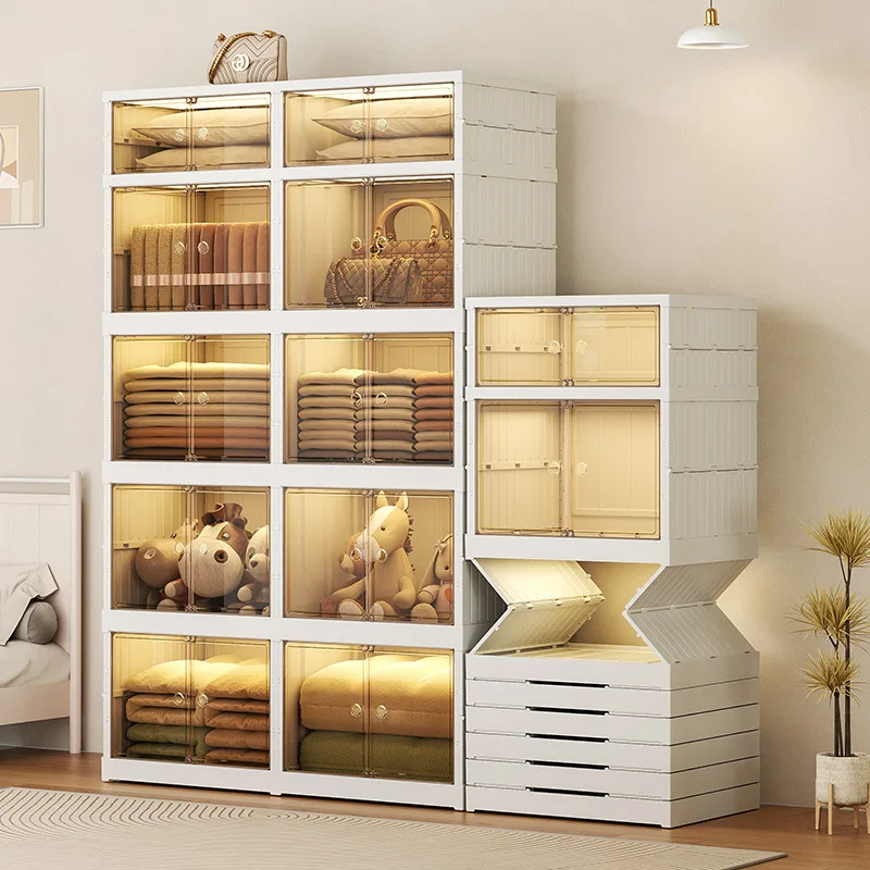 

PP Storage Cabinet Home Bedroom Clothes Storage Box Organizer Wardrobe Creative Installation Free Double Door Sorting Cabinet