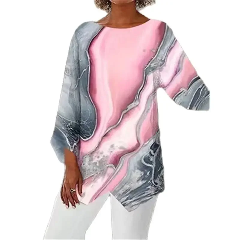 

Модный трендовый пуловер с геометрическим принтом и круглым вырезом, рубашка, Женская Корейская Повседневная Блузка с асимметричным подолом, Женский Топ с длинным рукавом на весну и осень