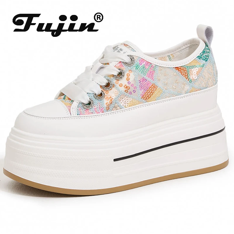 

Fujin 8.5cm Air Mesh Synthetic Platform Wedge Summer Slip on Flats Chunky Sneaker Casual Bling Leather Comfy High Brand Shoes