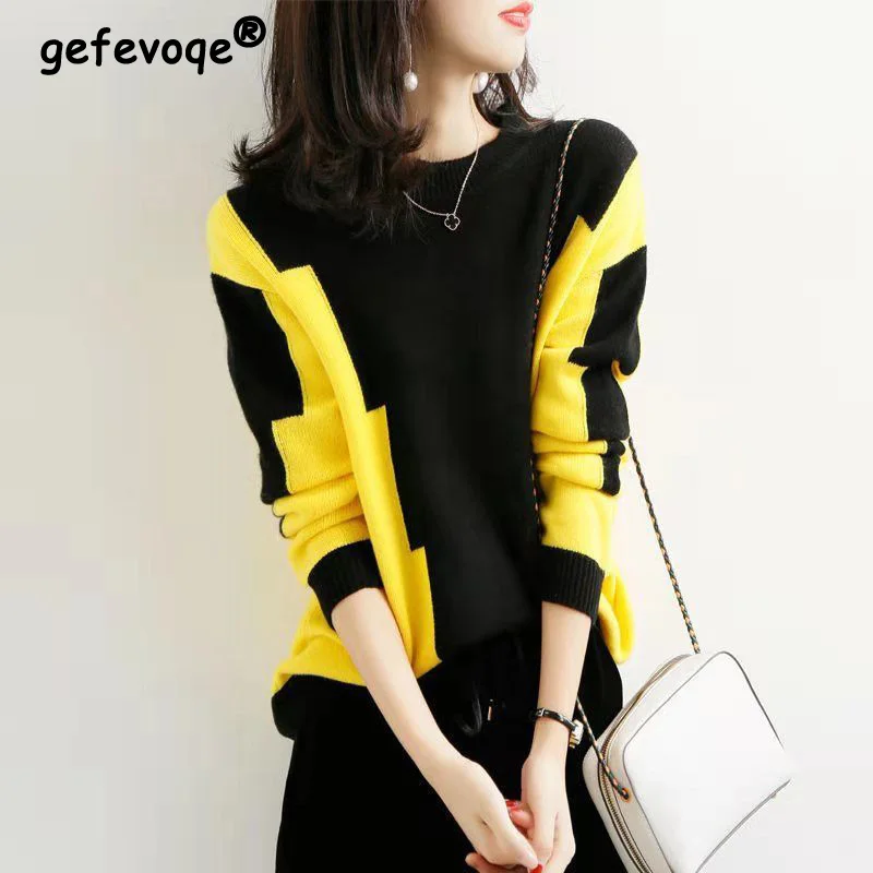 Korean Contrast Color Knitted Shirt for Women in Autumn and Winter 2023 New Fashion O-Neck Long Sleeved Loose Fitting Sweaters
Korean Contrast Color Knitted Shirt for Women in Autumn and Winter 2023 New Fashion O-Neck Long Sleeved Loose Fitting Sweaters