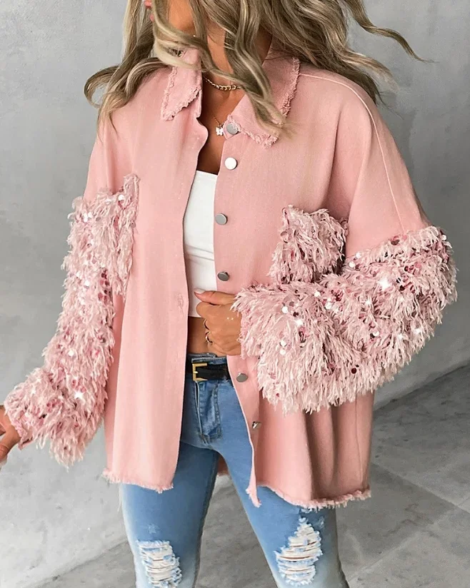 

Woman Contrast Sequin Tassel Design Fuzzy Patchwork Shacket Autumn Fashion Turn-Down Collar Casual Long Sleeve Jackets Coat