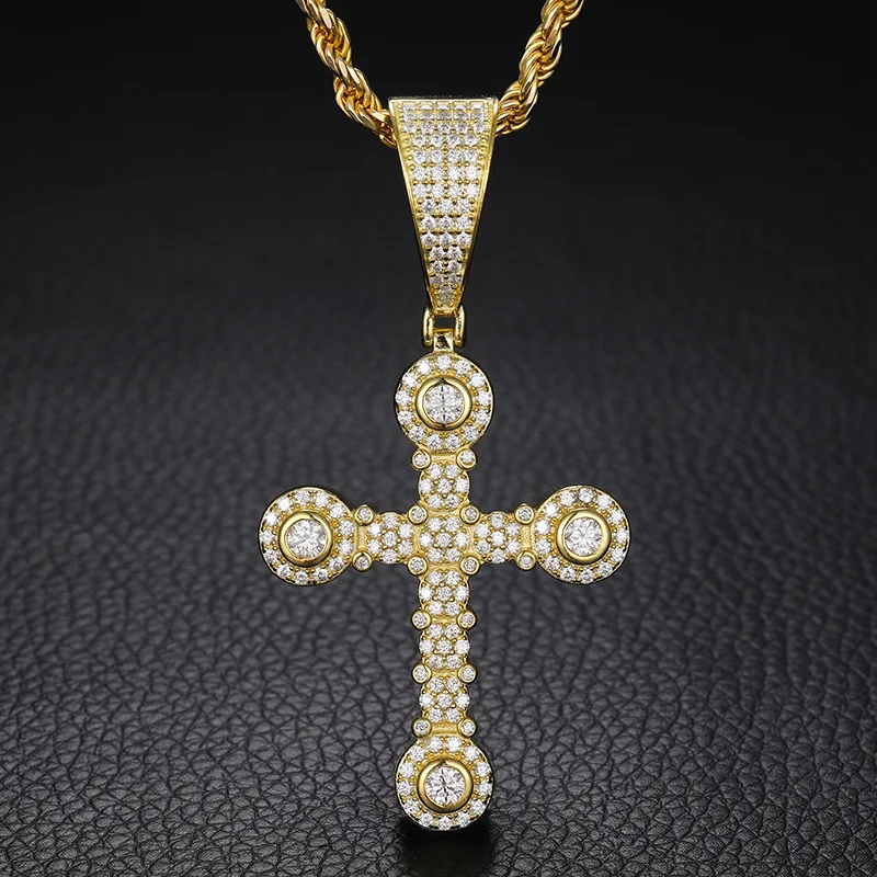 

Hiphop S925 Silver D Color Moissanite Cross Pendant Necklace for Men 14k Gold Plated Pass Tester with Gra Party Birthday Gift