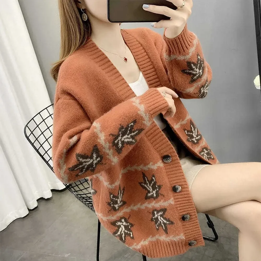 

Women's Knitted Cardigan Fashion Sweater with Maple Leaf Pattern V-neck Button Khaki Ladies Sweater Cardigan Autumn Cardigan