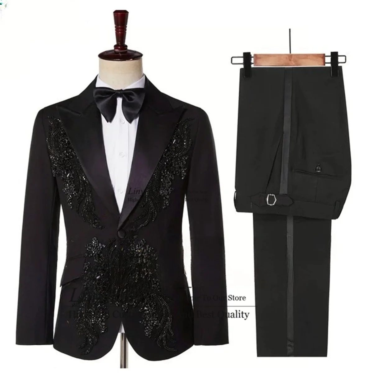 

Glitter Applique Mens Suits Slim Fit Groom Wedding Tuxedos 2 Pieces Sets Bridegroom Prom Blazers Fashion trajes de hombre