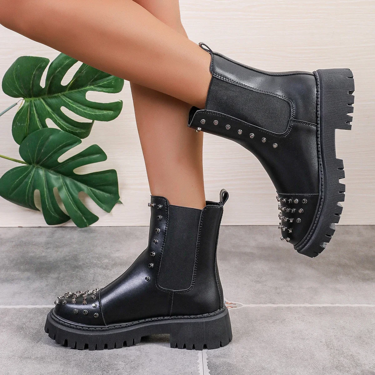 

Women's Ankle Boots Autumn Winter Fashion Rivet Chunky Heel Chelsea Boots for Women Black Aldies Platform Shoes Botines Mujer