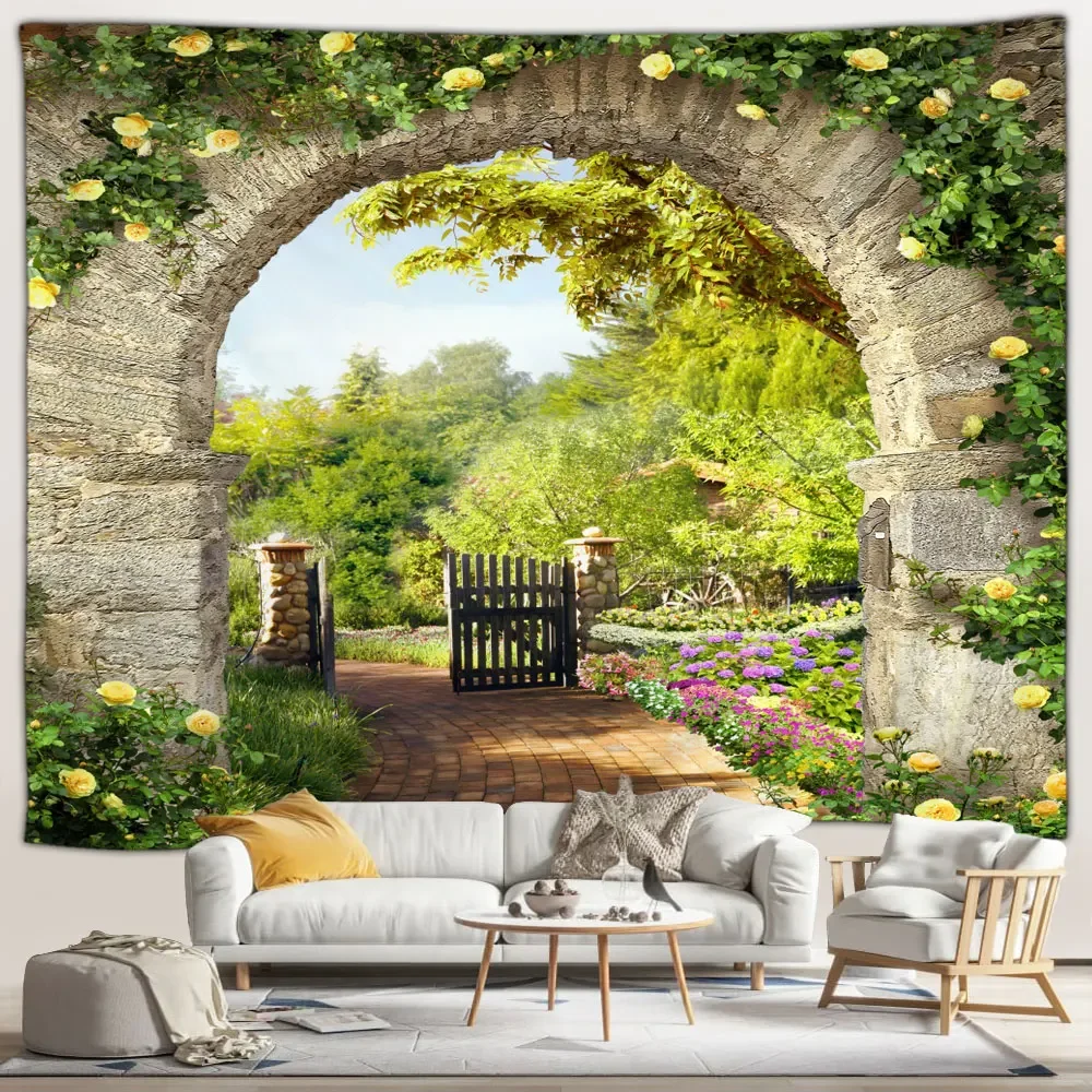 

Medieval Arched Street Tapestry in Old Greek Town Charming Flower Decorated Street Patio Wall Hanging Art Deco Living Room Mural
