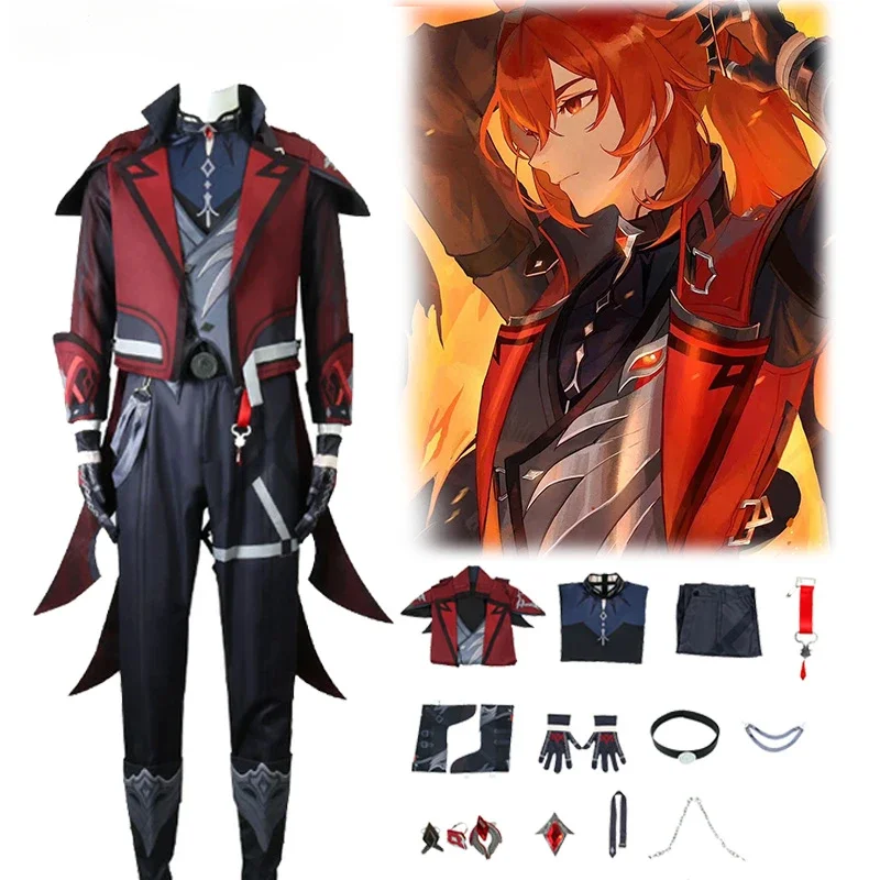 

Game Genshin Impact Diluc Ragnvindr New Skin Cosplay Costume Halloween Carnival Suit Red Dead of Night Full Set Outfit Wig