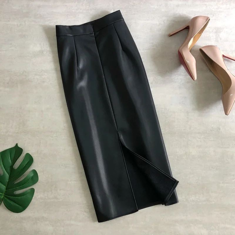 

Женская юбка-карандаш из ПУ кожи, с высокой талией и разрезом сзади