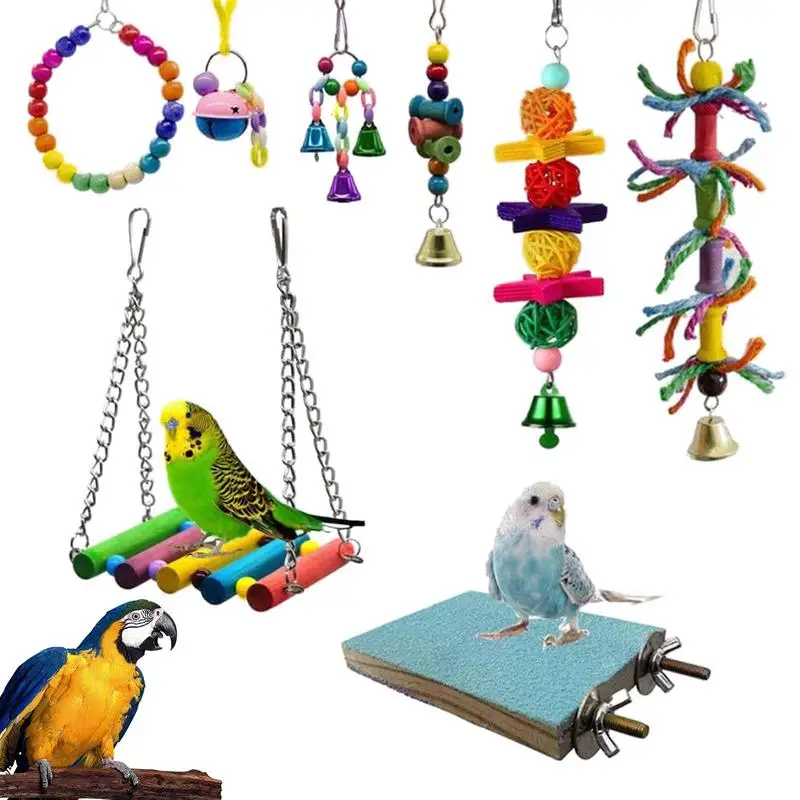 

8pcs Combination Bird Toys Set Swing Chewing Training Toys Small Parrot Hanging Hammock Parrot Cage Bell Perch Toys with Ladder