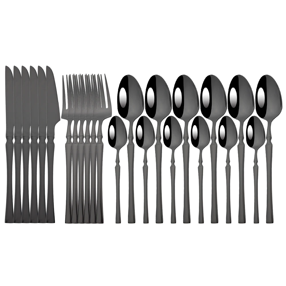 

24Pcs Black Dinnerware Cutlery Set Steak Knife Fork Spoon Tableware Set Stainless Steel Flatware Silverware Wedding Hotel Set