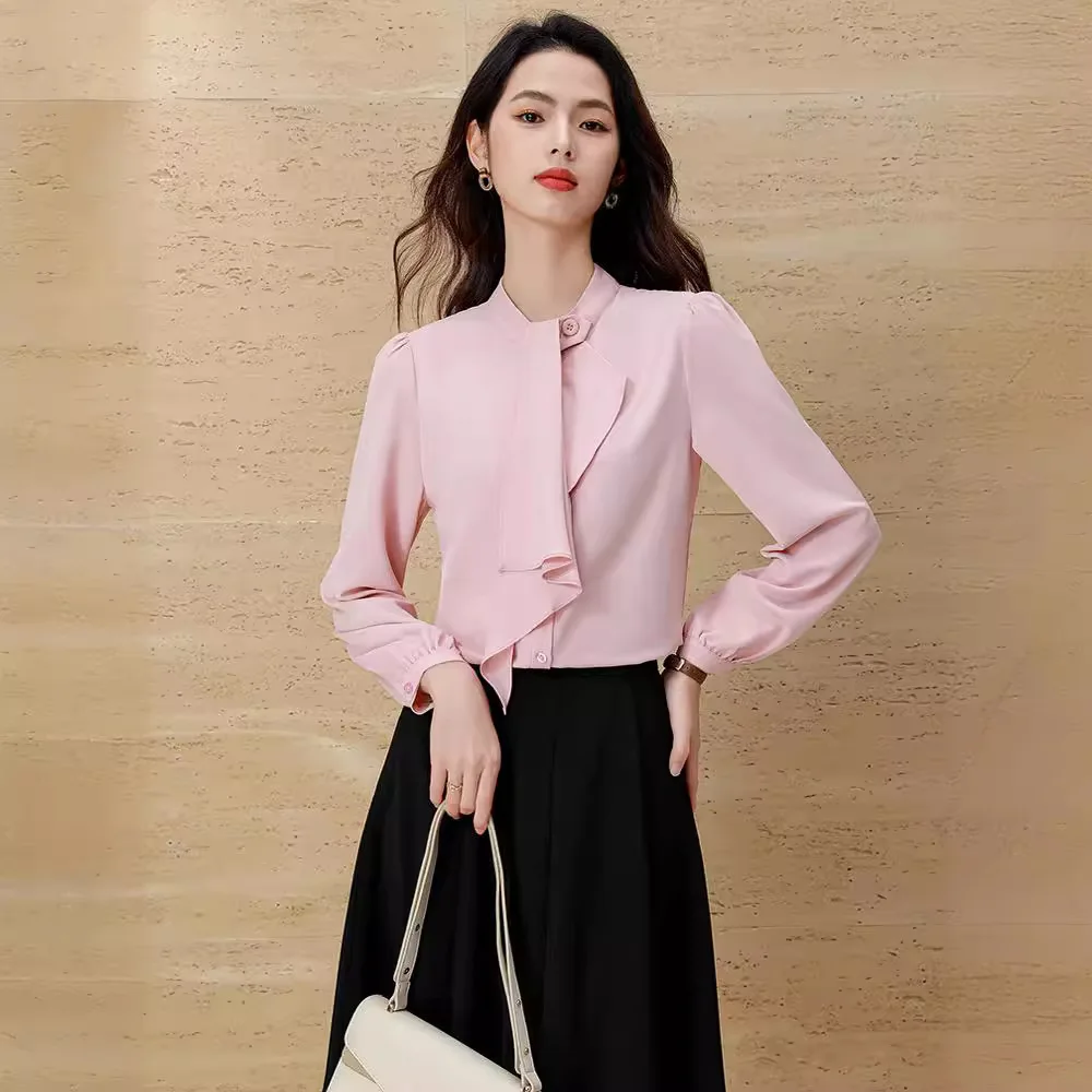 

Spring Summer Long Sleeve Elegant Pink OL Styles Blouses Shirts for Women Professional Ladies Office Work Wear Tops Clothes