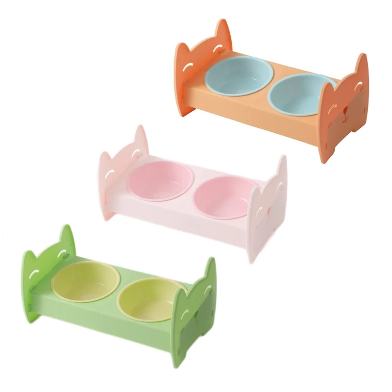 

Double Bowls Cats Feeder Raised Pet Bowl for Food and Water Elevated Plastics Dishes with Stand for Small Dogs 090C