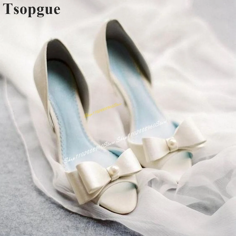 

Elegant White Bowknot Pearl Wedding Pumps Thin High Heel Shoes For Women Slip On Peep Toe 2024 Fashionable Zapatos Para Mujere