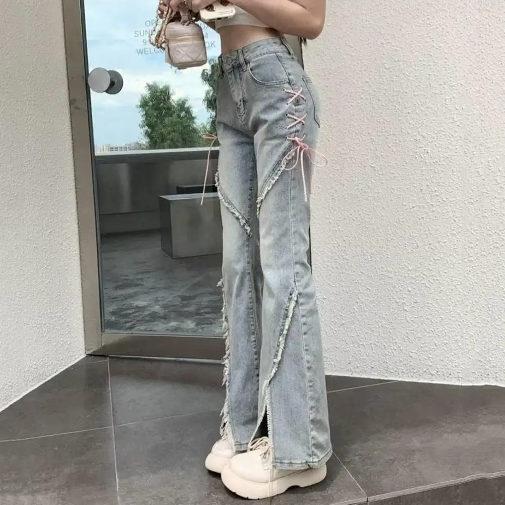 

High-waisted Denim Jeans High Waist Flared Hem Ripped Jeans with Strap Decor Patchwork Detail Women's Streetwear for Hip