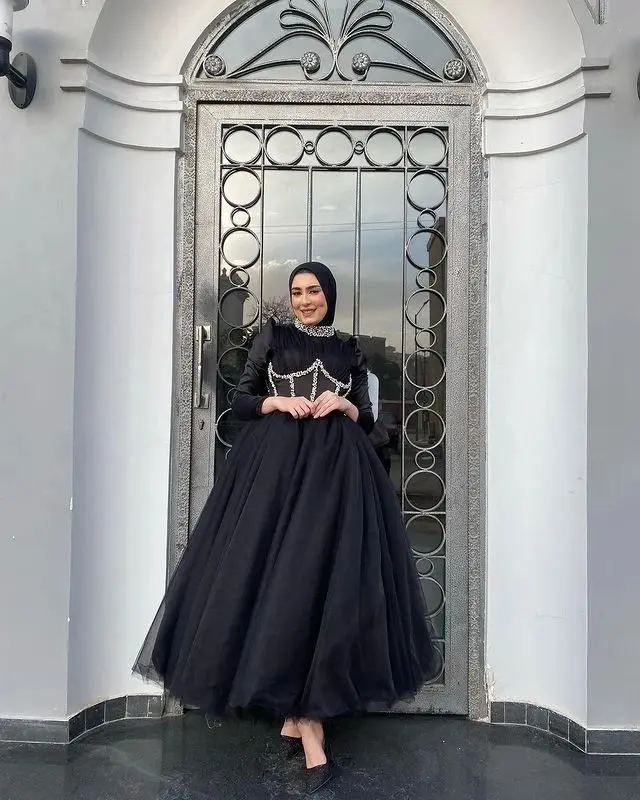 

Modest Black Lace Long Sleeves Evening Dresses Dubai Arabic Women Formal Party Dress Occasion Prom Gown Robe de Soiree